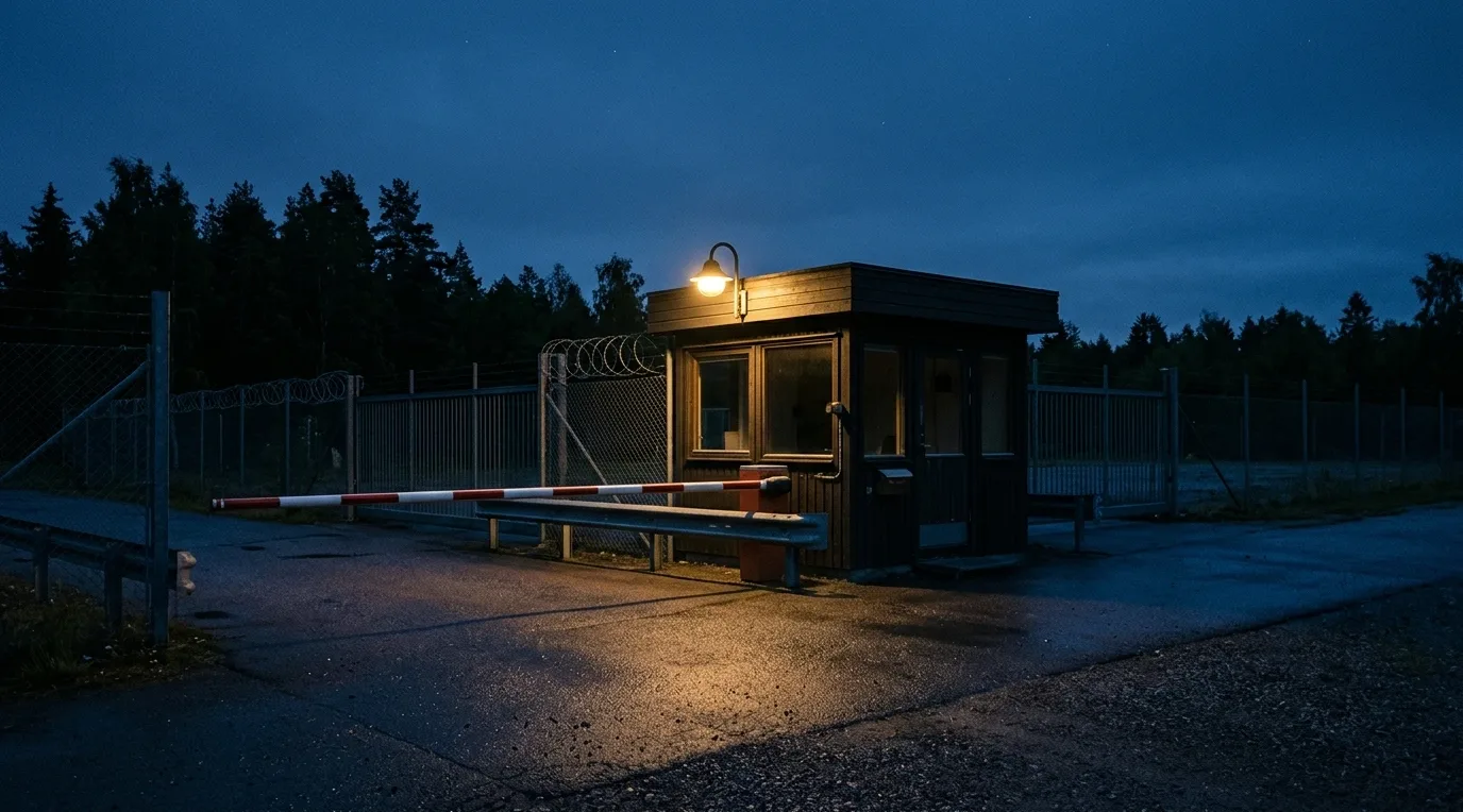Poste de garde vide à la tombée de la nuit
