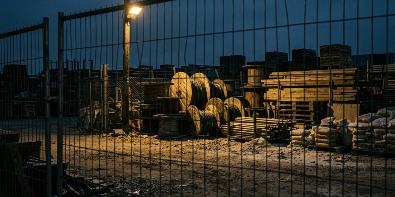 Bobines de câble et matériel stockés derrière une clôture