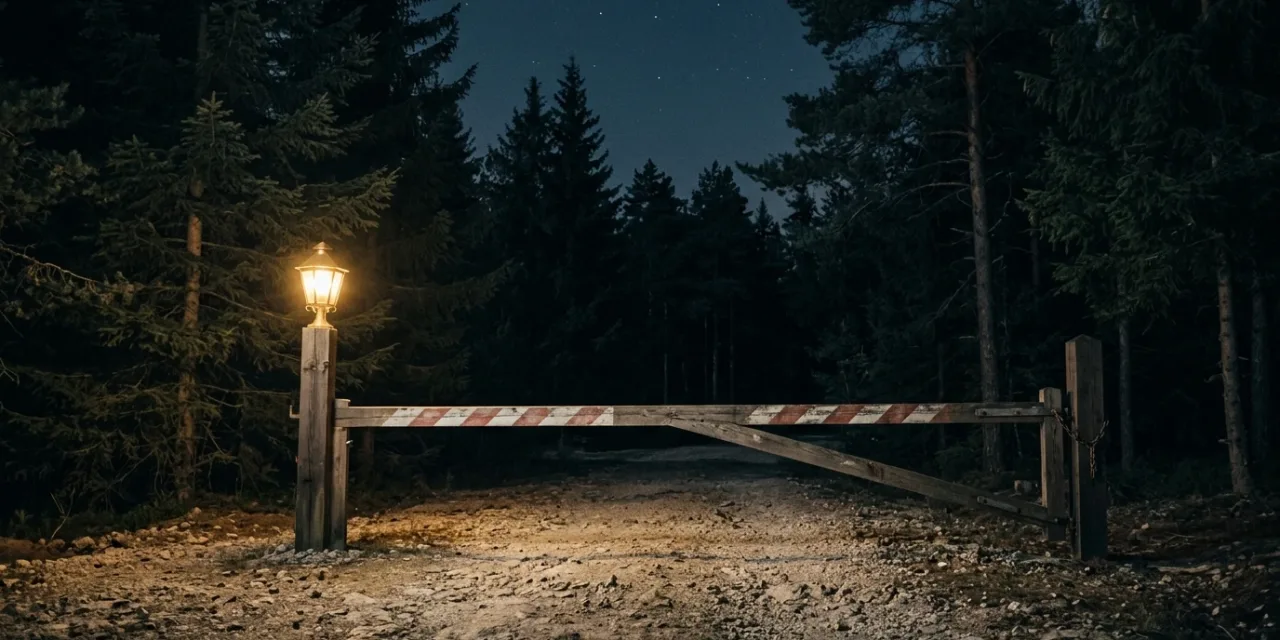 Barrière d’accès d’un camping éclairée la nuit