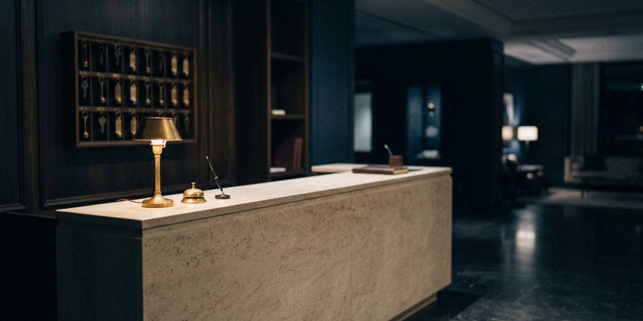 Comptoir de réception d’hôtel la nuit, sans personnel