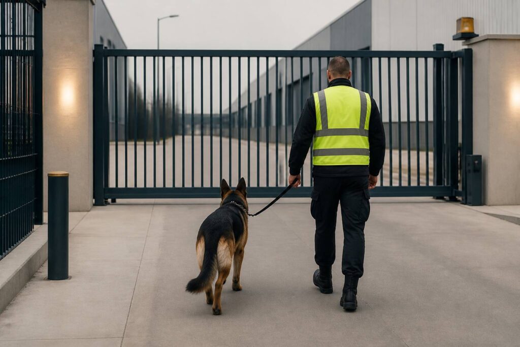 Berger allemand en laisse devant un portail de site industriel