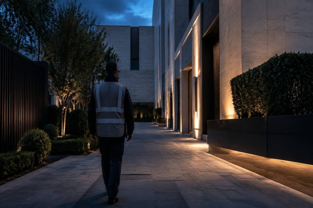 Agent de sécurité vu de dos surveillant un bâtiment moderne au crépuscule