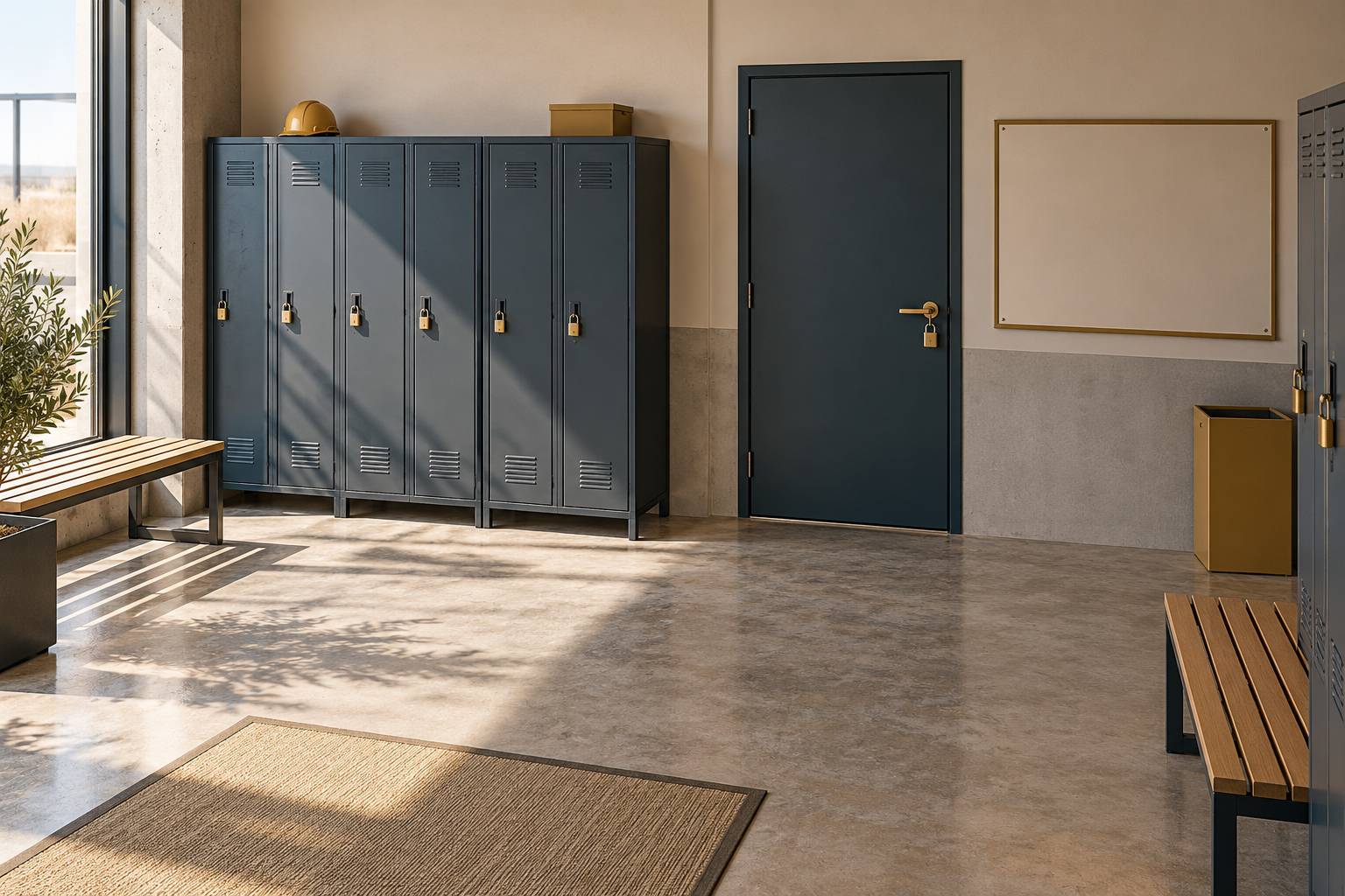 Entree d'un vestiaire de chantier avec casiers metalliques et porte verrouillee