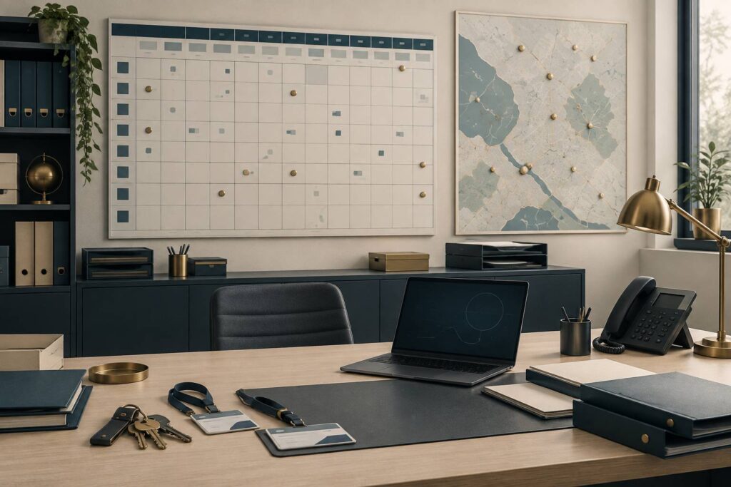 Bureau de régie de gardiennage avec planning et carte de secteur