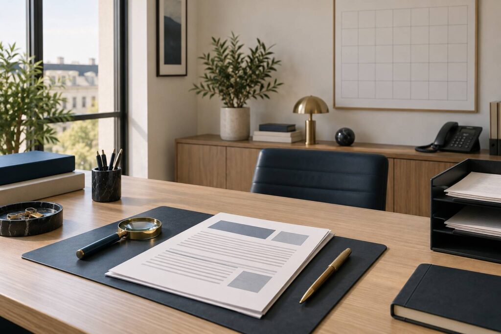 Bureau sobre avec contrat, stylo et loupe évoquant la résiliation d'un contrat