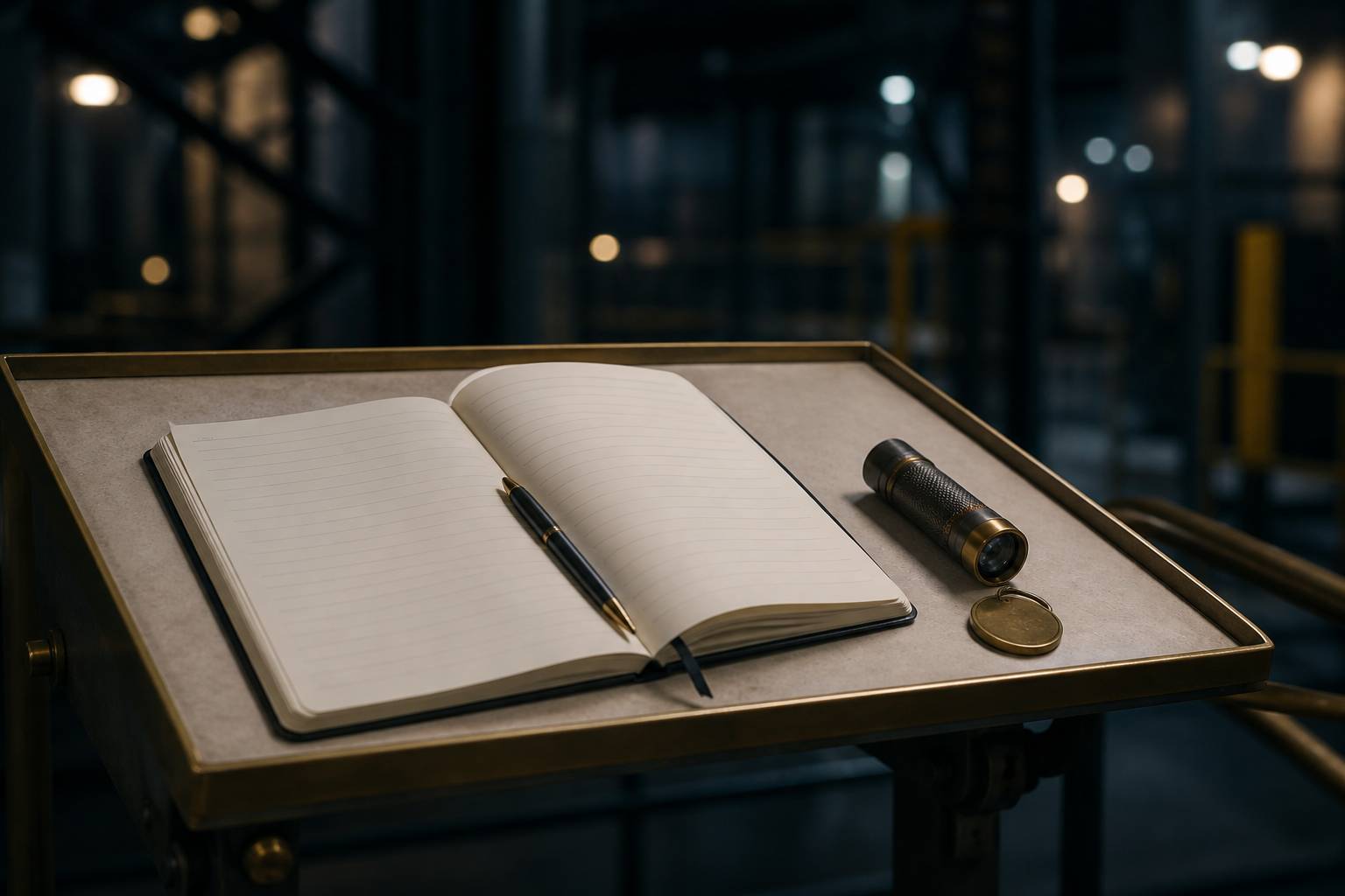 Cahier de ronde ouvert avec lampe torche et badge
