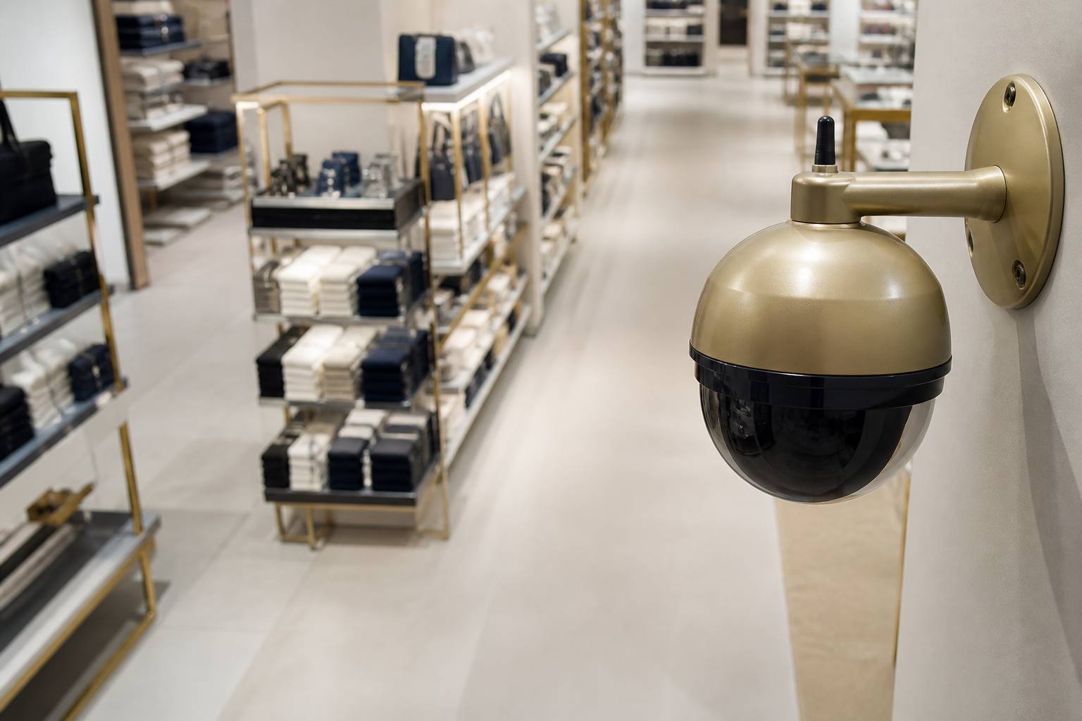 Caméra de surveillance orientée vers une allée de magasin
