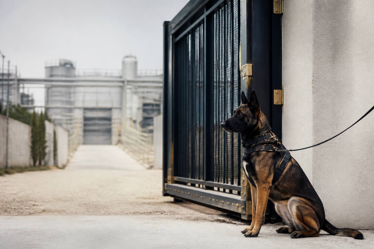 Chien de garde harnaché assis près d'un portail métallique