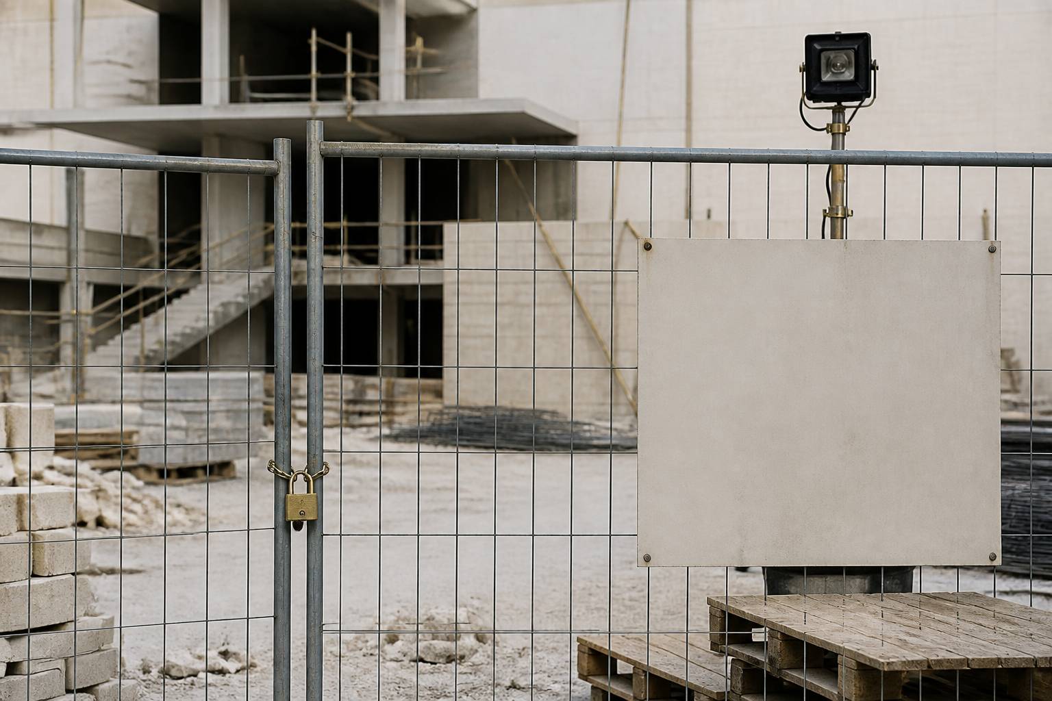 Clôture de chantier avec cadenas et projecteur sur mât