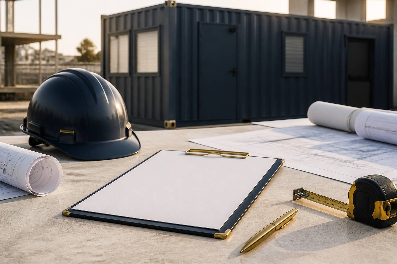Contrat de gardiennage avec casque et plans sur une table