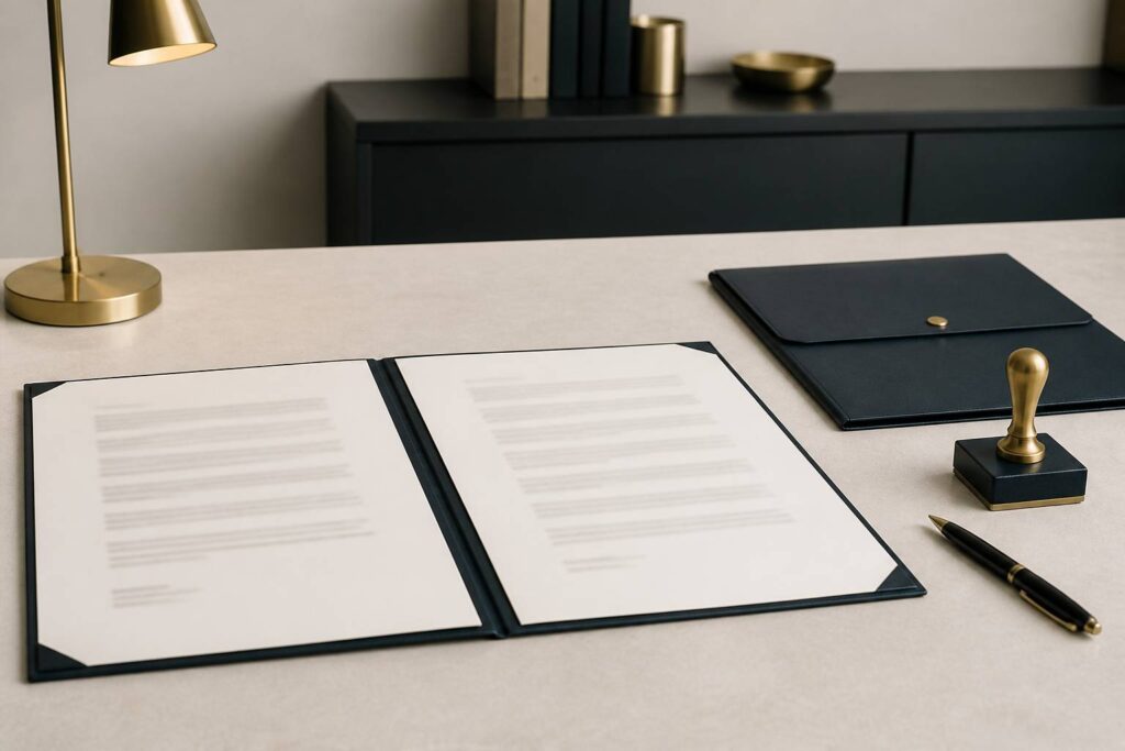 Contrat de prestation ouvert sur un bureau avec tampon encreur