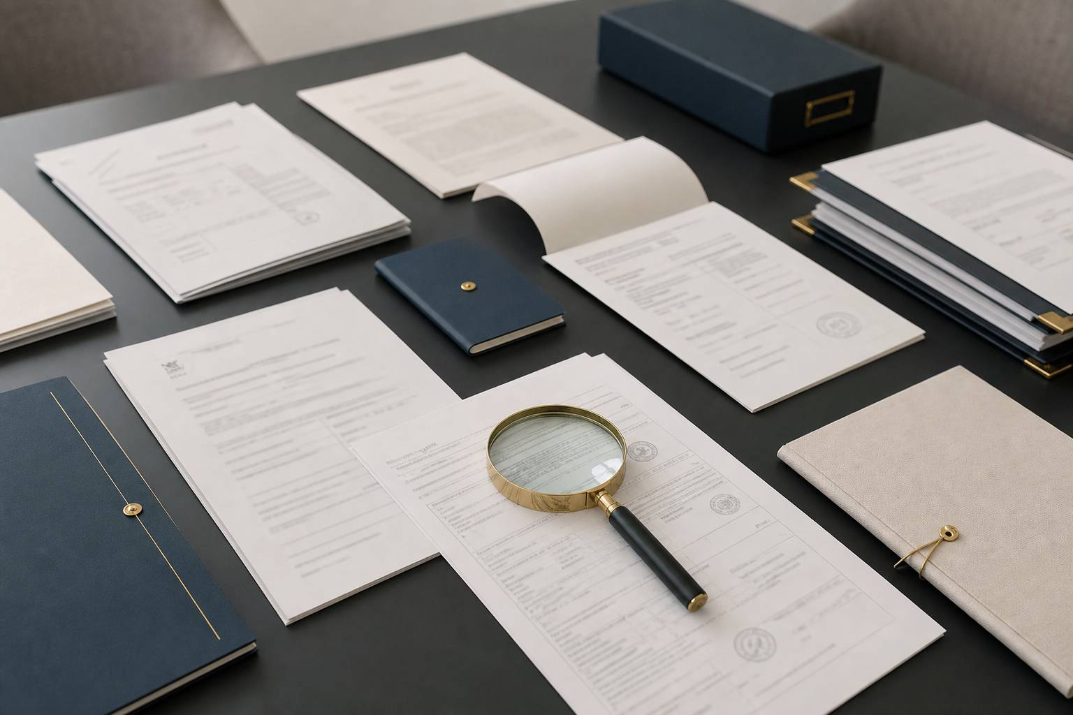Documents administratifs génériques contrôlés à la loupe sur une table