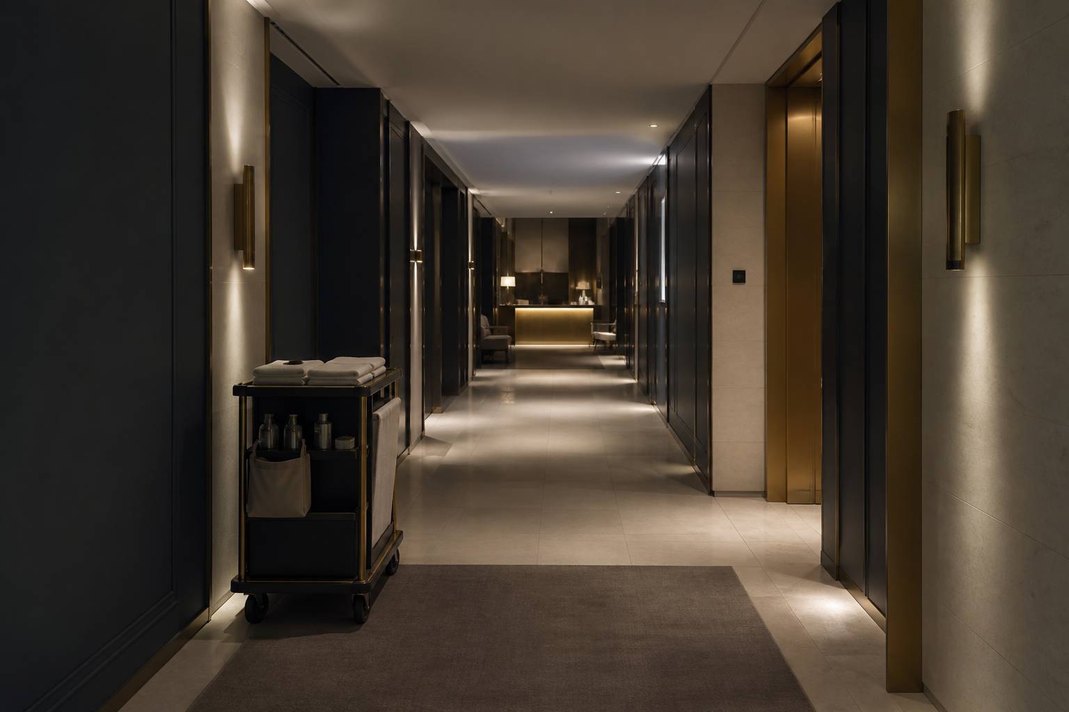 Couloir d'hôtel au calme la nuit avec chariot de ménage