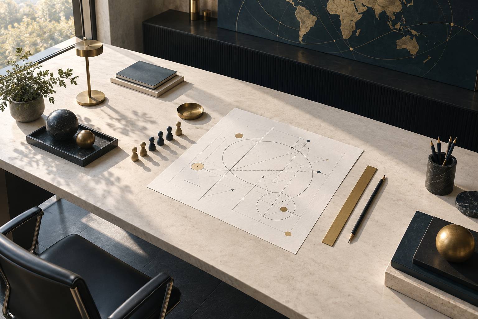 Schema au crayon et jetons neutres alignes sur un bureau