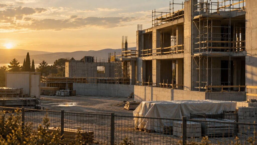 Chantier de construction clôturé en fin de journée avec matériel rangé