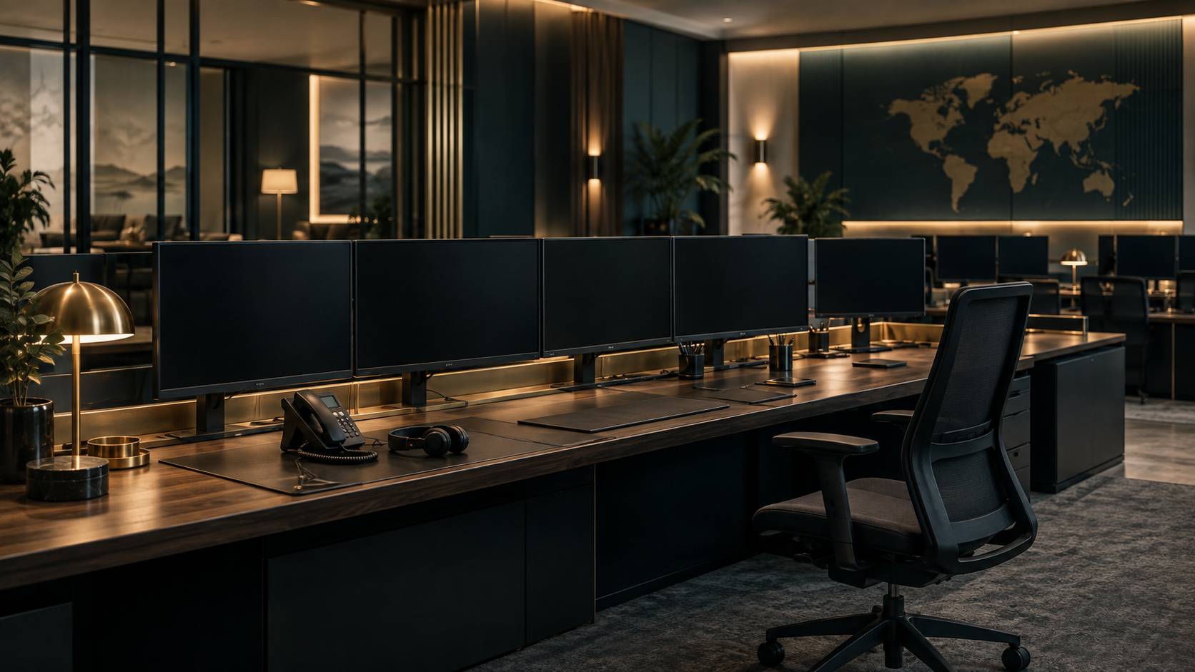 Bureau avec écrans éteints et casque de télésurveillance