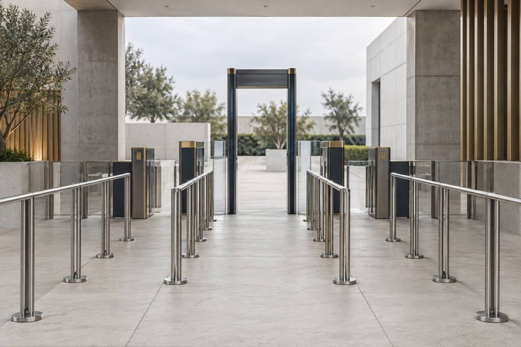 Barrieres et portique de detection a l'entree d'un site