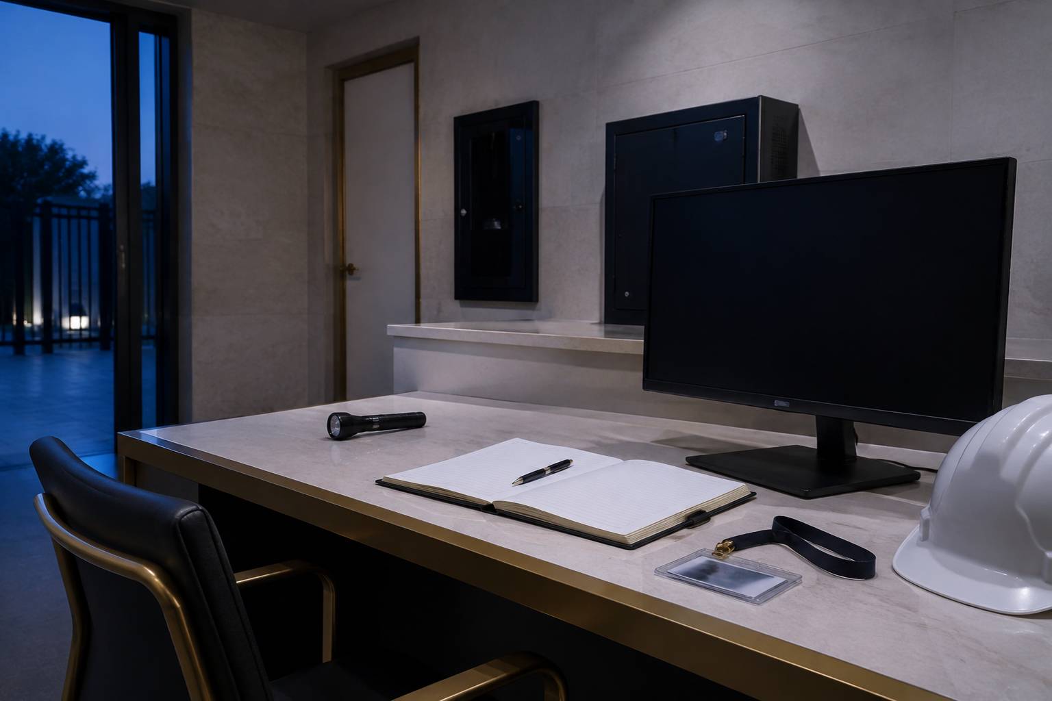 Poste de contrôle avec registre de ronde, lampe torche et casque