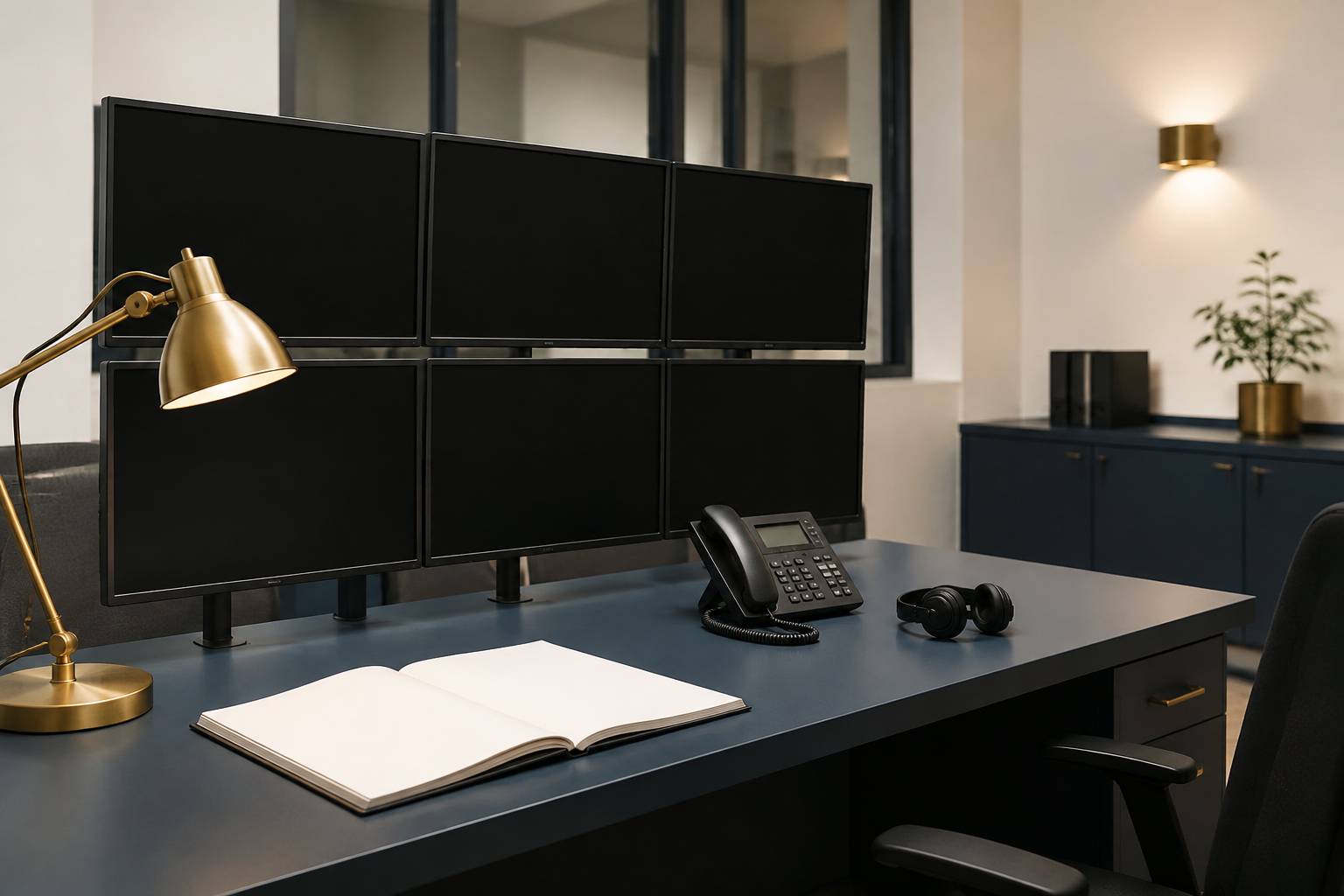 Poste de contrôle avec écrans éteints, registre vierge et casque sur un bureau ordonné