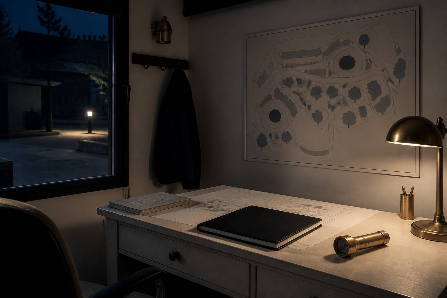 Poste de gardien de nuit de camping avec registre et lampe torche sur un bureau