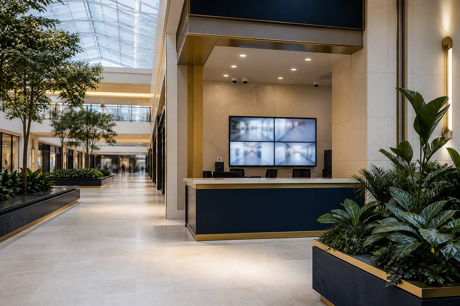 Poste de sécurité avec écrans de contrôle dans un centre commercial