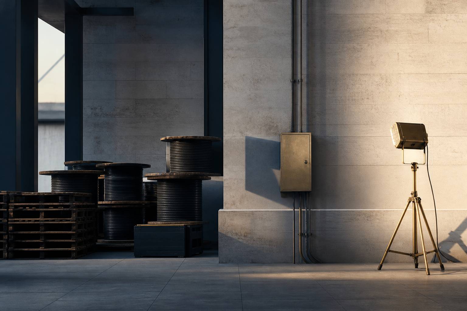 Stock de câbles et palettes avec projecteur de chantier