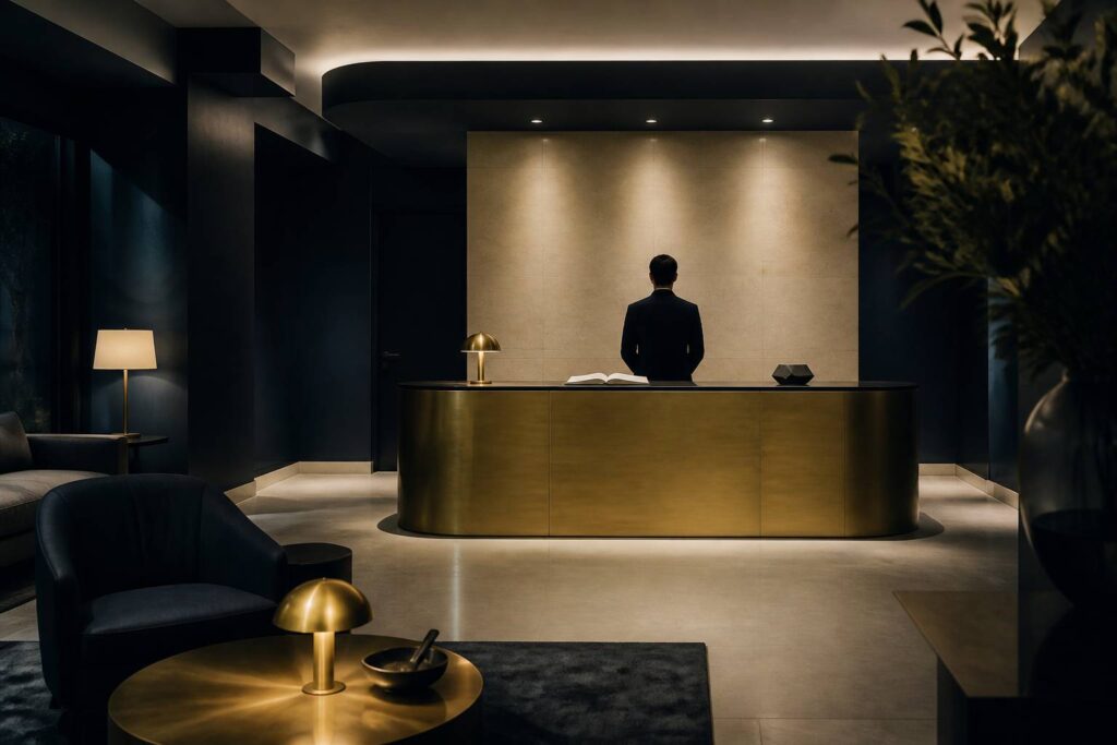 Hall d'hôtel calme la nuit avec veilleur de nuit à la réception