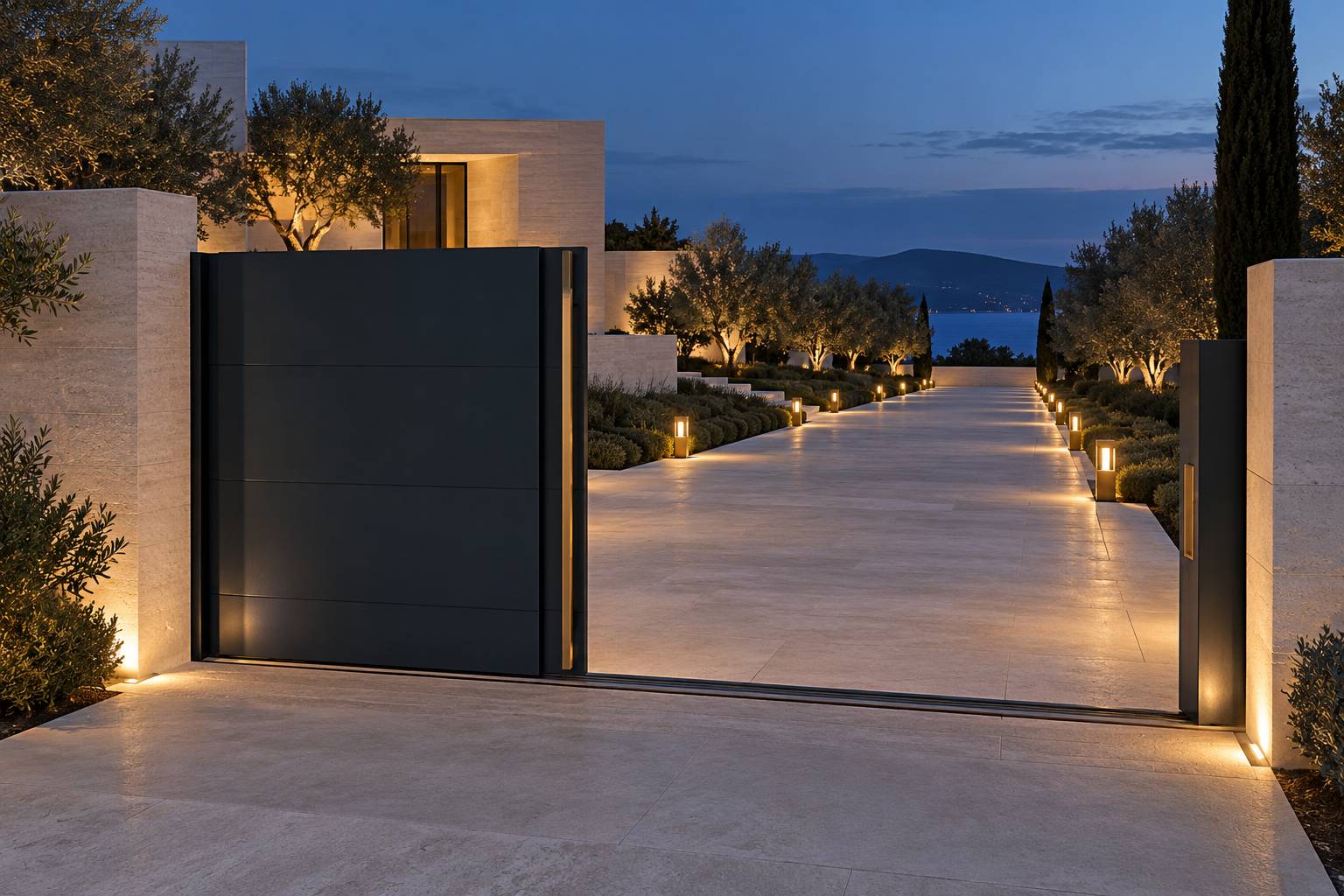 Allee de site avec portail et luminaires allumes le soir