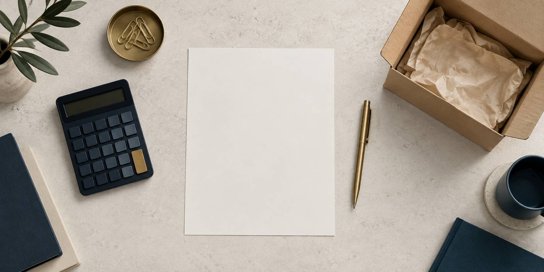Inventaire vierge et calculatrice sur un bureau de commerce