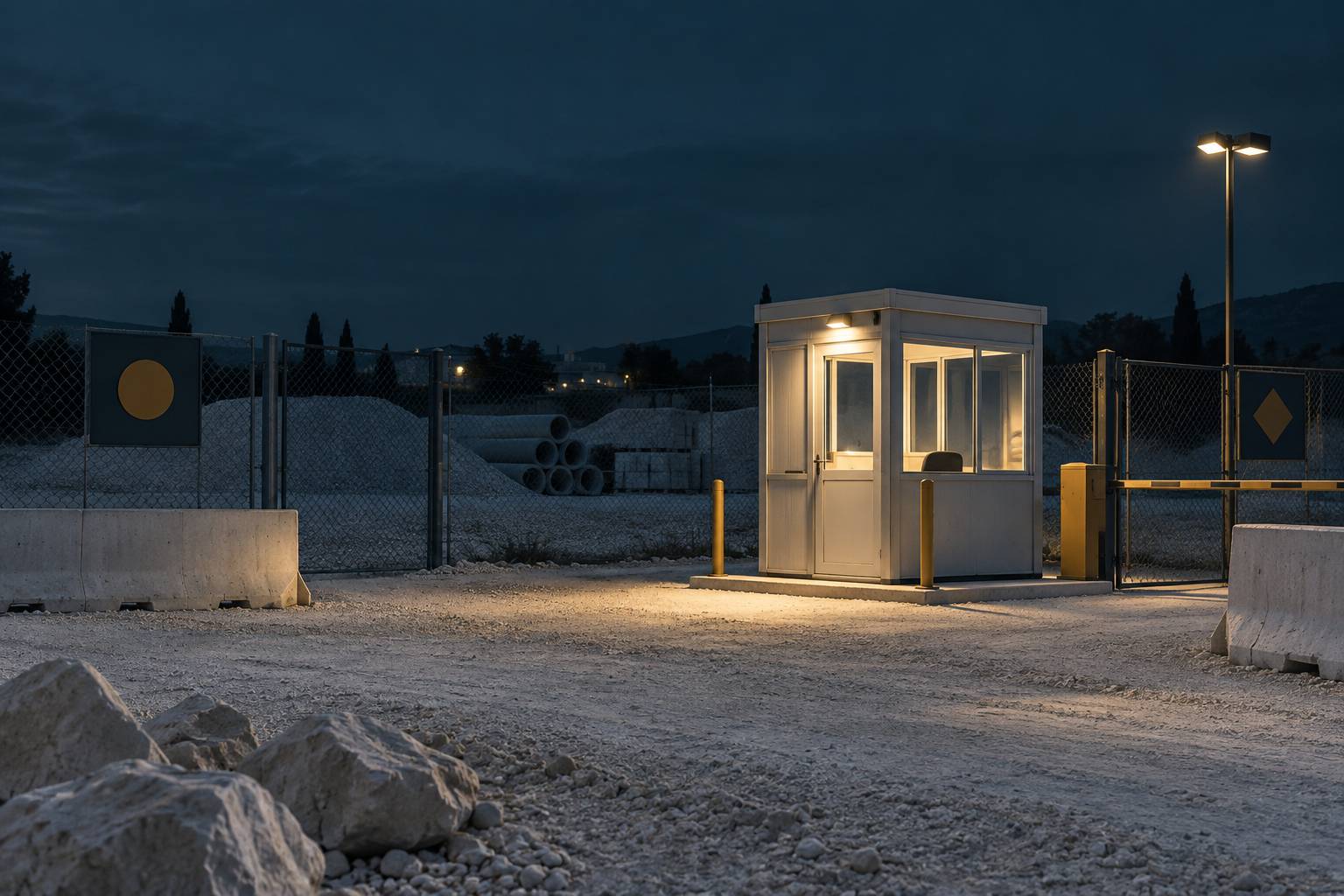 Poste de gardiennage eclaire sur un chantier la nuit avec cloture et projecteurs
