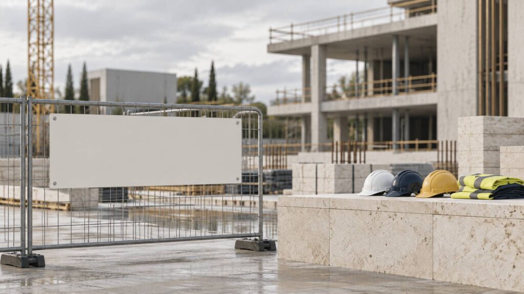 Barriere de chantier et casques sur un muret