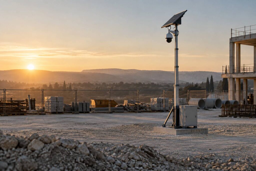 Camera de surveillance autonome sur mat solaire sur un chantier