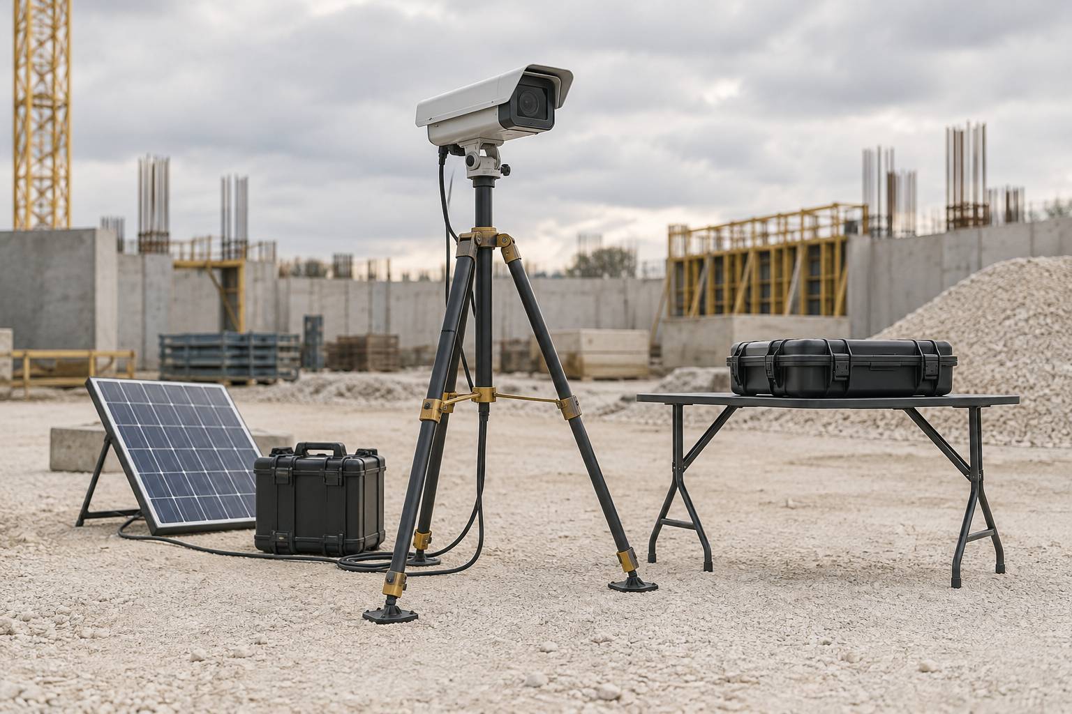 Poste de chantier avec camera, batterie et panneau solaire relies