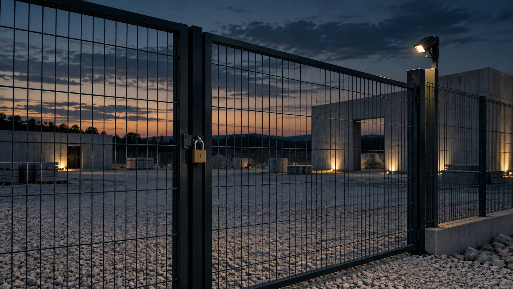 Clôture de chantier cadenassée et projecteur de surveillance au crépuscule