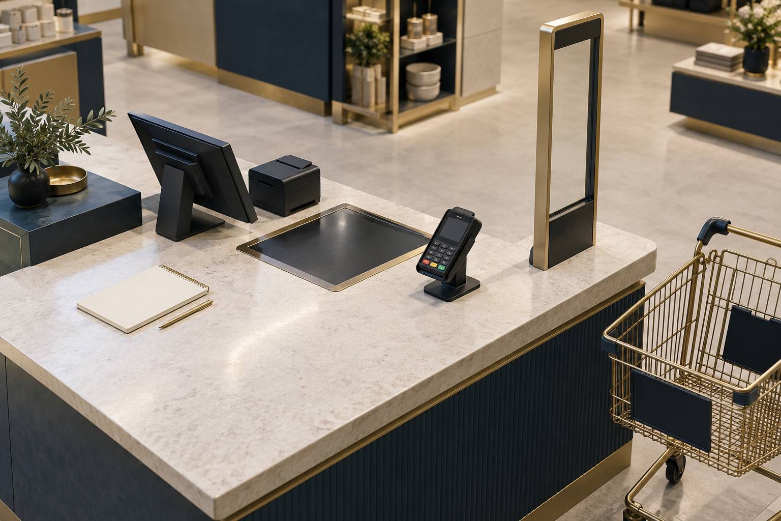 Poste de caisse avec tapis de lecture, terminal de paiement et antivol